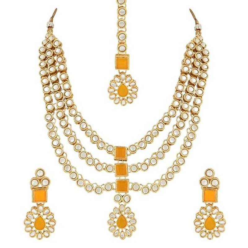 Etnico 18K Gold Plated Traditional Kundan Necklace Jewellery Set with Earrings & Maang Tikka for Women And Girls (IJ357Y)