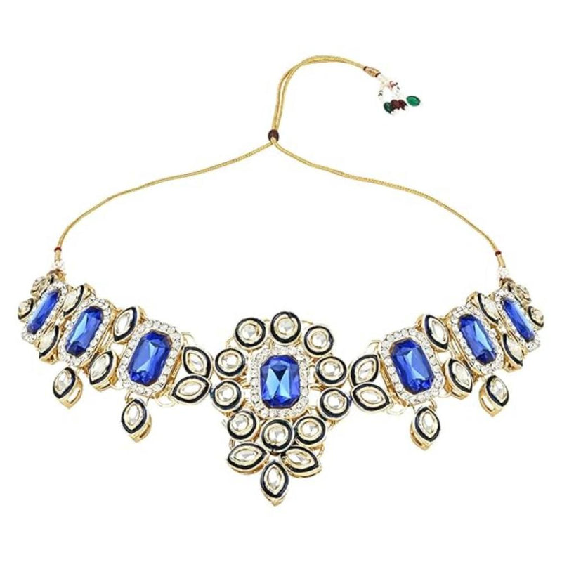 Etnico Gold Plated Traditional Kundan & Stone Studded Choker Necklace Jewellery with Earrings & Maang Tikka Set for Women (IJ359Bl)