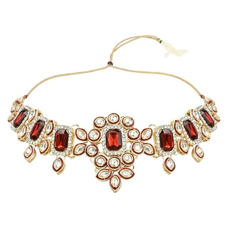 Etnico Gold Plated Traditional Kundan & Stone Studded Choker Necklace Jewellery with Earrings & Maang Tikka Set for Women (IJ359) (Maroon-1)