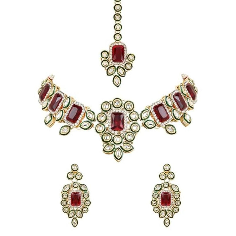 Etnico Gold Plated Traditional Kundan & Stone Studded Choker Necklace Jewellery with Earrings & Maang Tikka Set for Women (IJ359M)