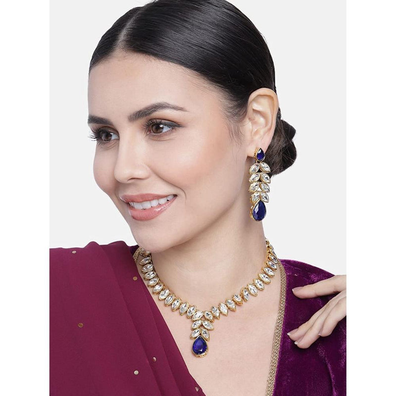 Etnico Gold Plated Traditional Blue Stone Studded Necklace Jewellery Set with Dangle Earrings For Women and Girls (IJ364Bl)