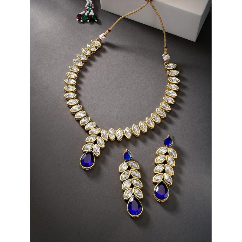 Etnico Gold Plated Traditional Blue Stone Studded Necklace Jewellery Set with Dangle Earrings For Women and Girls (IJ364Bl)