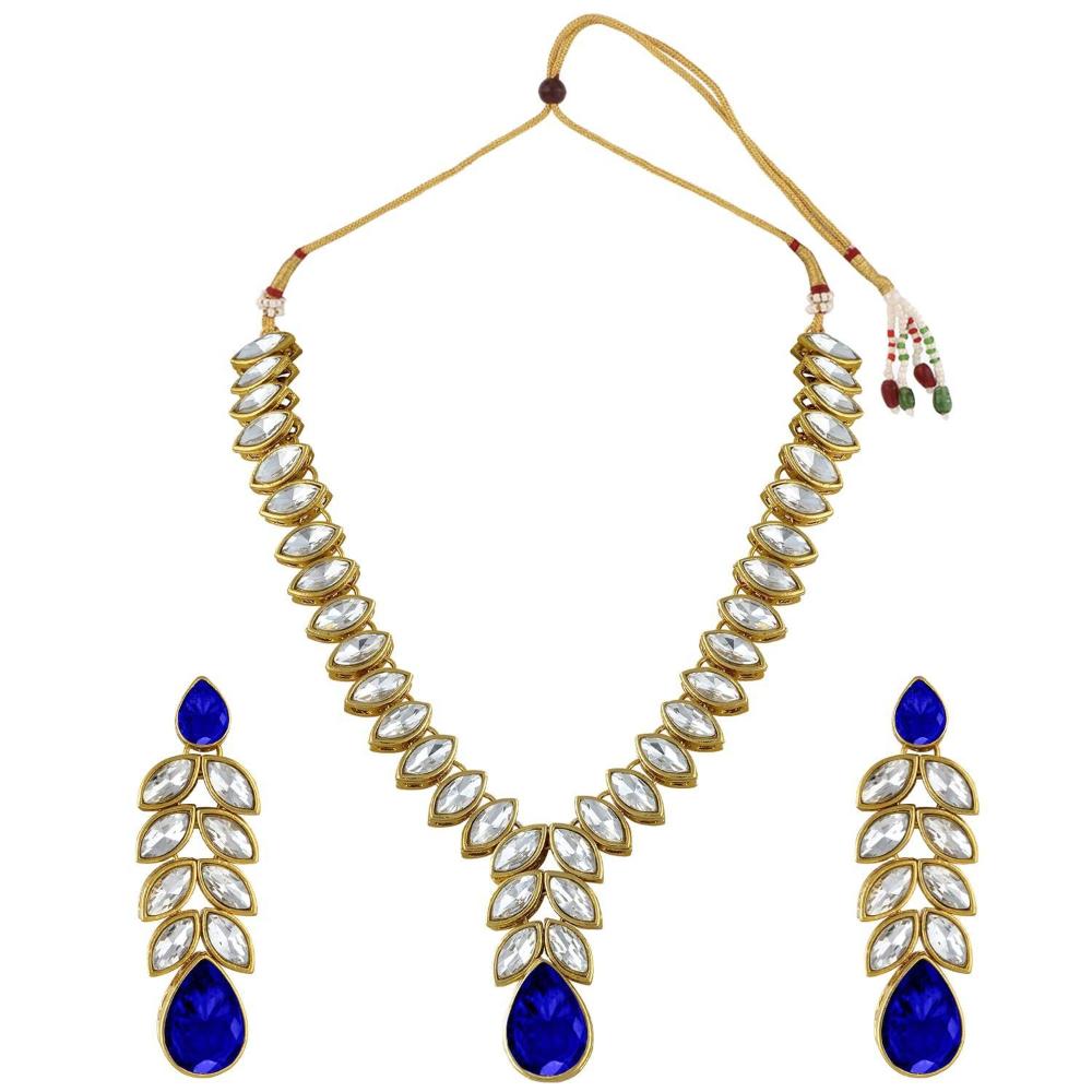 Etnico Gold Plated Traditional Blue Stone Studded Necklace Jewellery Set with Dangle Earrings For Women and Girls (IJ364Bl)