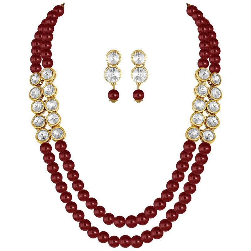 Etnico Gold Plated Traditional Stunning White Stone Studded Layered Pearl Necklace Jewellery Set with Earrings For Women and Girls (IJ365M)