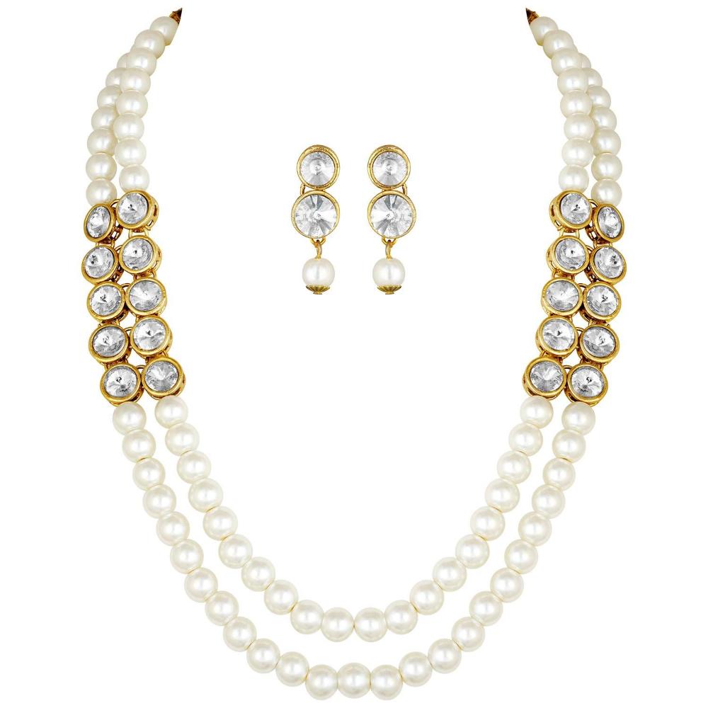 Etnico Gold Plated Traditional Stunning White Stone Studded Layered Pearl Necklace Jewellery Set with Earrings For Women and Girls (IJ365W)