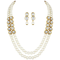 Etnico Gold Plated Traditional Stunning White Stone Studded Layered Pearl Necklace Jewellery Set with Earrings For Women and Girls (IJ365W)