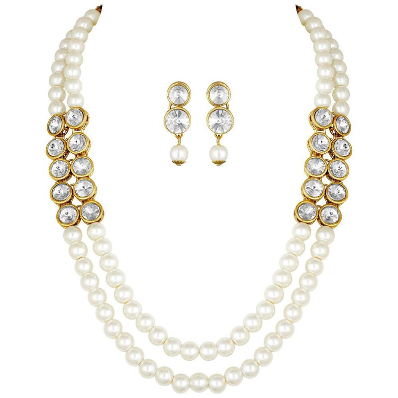 Etnico Gold Plated Traditional Stunning White Stone Studded Layered Pearl Necklace Jewellery Set with Earrings For Women and Girls (IJ365W)