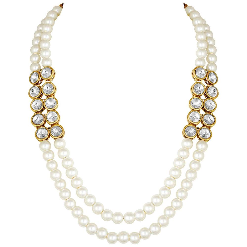Etnico Gold Plated Traditional Stunning White Stone Studded Layered Pearl Necklace Jewellery Set with Earrings For Women and Girls (IJ365W)