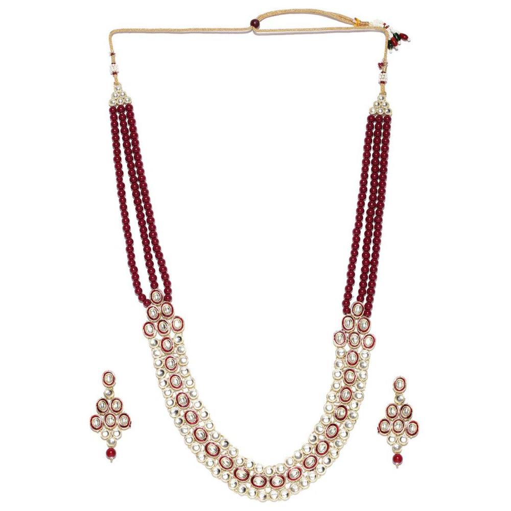 Etnico Gold Plated Traditional Stunning Maroon Meenakari Kundan Studded Pearl Necklace Jewellery Set with Earrings For Women and Girls (IJ366M)