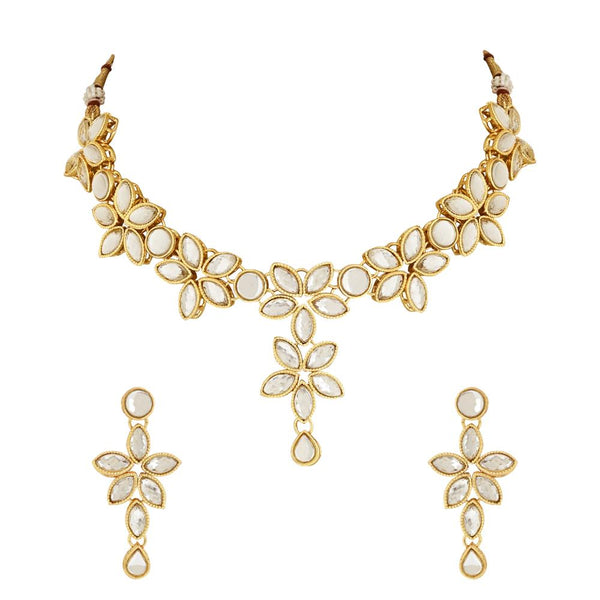 Etnico Gold Plated Traditional Floral Design Kundan Studed Necklace Jewellery Set with Earrings for Women And Girls (IJ367W)