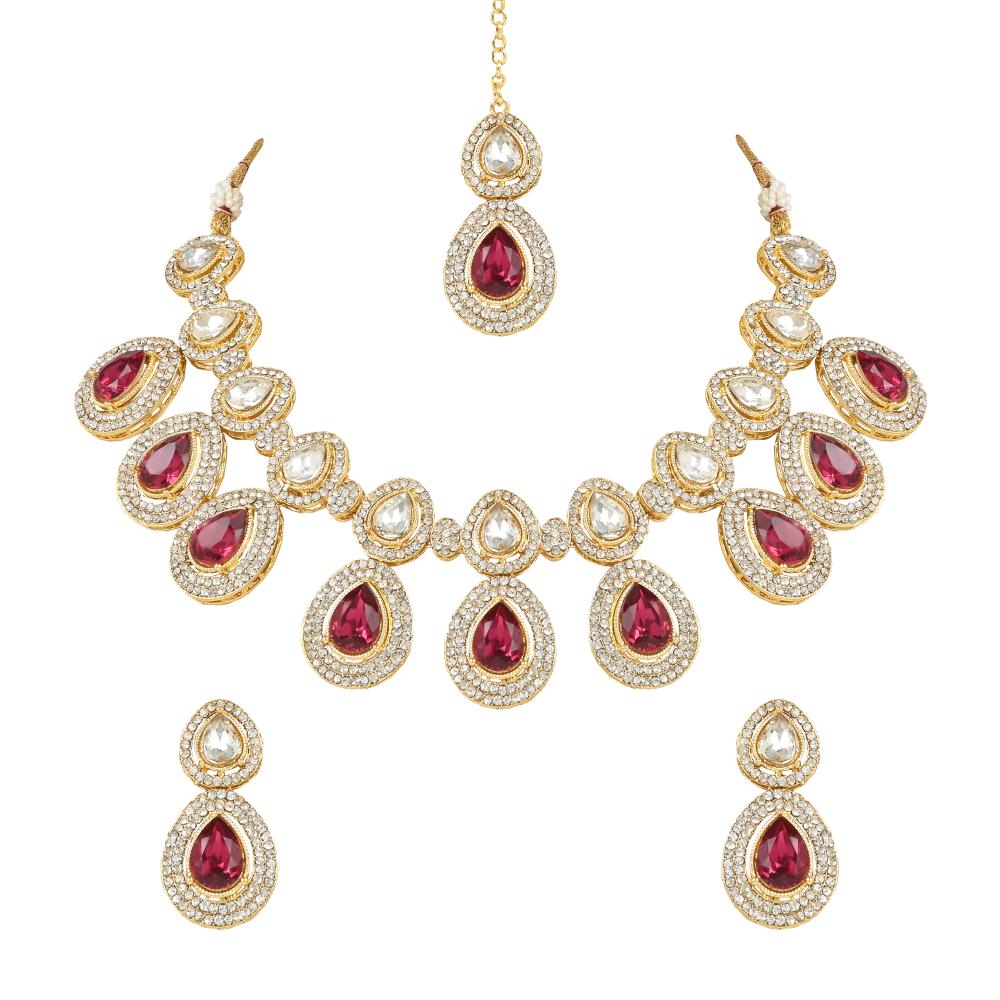 Etnico Gold Plated Traditional Kundan & Stone Studded Choker Necklace Jewellery Set with Earrings & Maang Tikka for Women And Girls (IJ371Q)