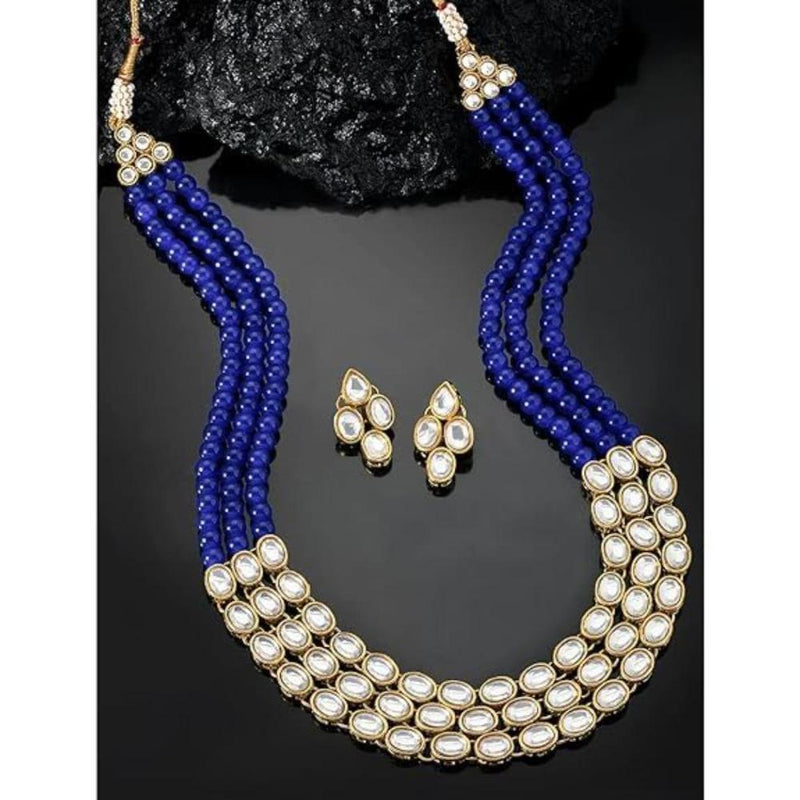 Etnico Gold Plated Traditional Stunning White Kundan Studded Layered Pearl Necklace Jewellery Set with Earrings For Women/Girls (IJ376) (Blue)