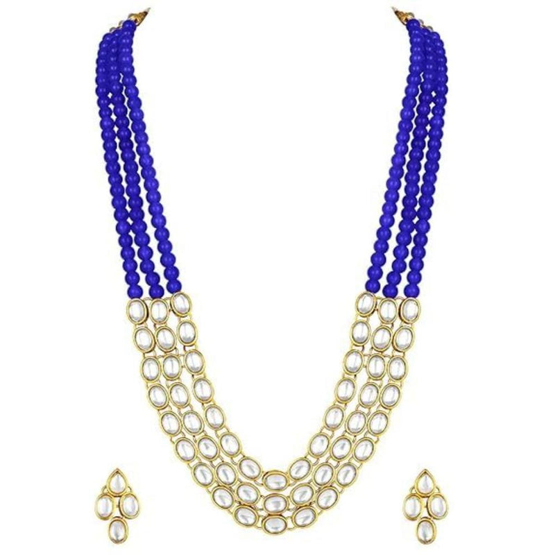 Etnico Gold Plated Traditional Stunning White Kundan Studded Layered Pearl Necklace Jewellery Set with Earrings For Women/Girls (IJ376) (Blue)