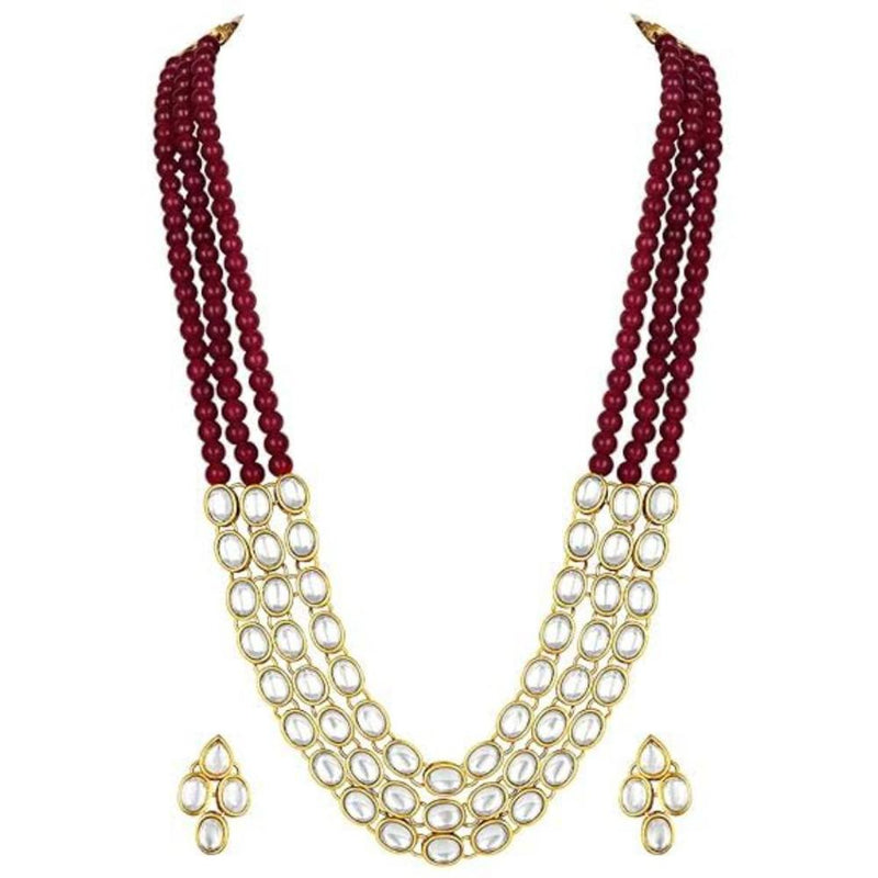 Etnico Gold Plated Traditional Stunning White Kundan Studded Layered Pearl Necklace Jewellery Set with Earrings For Women/Girls (IJ376) (Maroon)