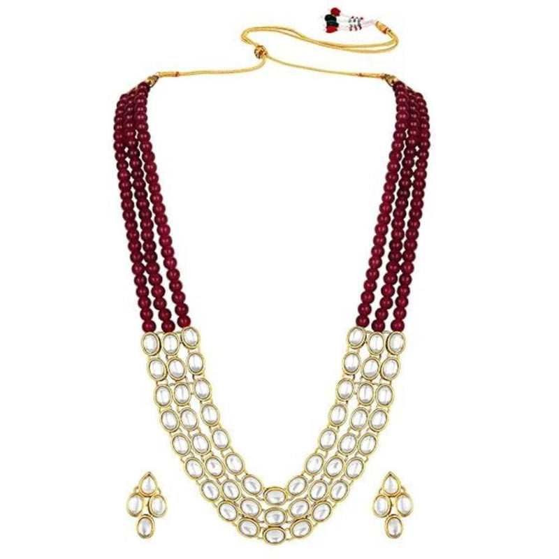 Etnico Gold Plated Traditional Stunning White Kundan Studded Layered Pearl Necklace Jewellery Set with Earrings For Women/Girls (IJ376) (Maroon)