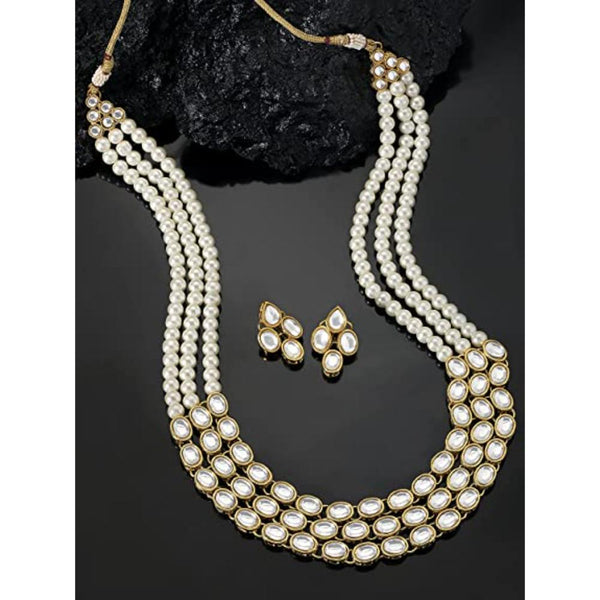 Etnico Gold Plated Traditional Stunning White Kundan Studded Layered Pearl Necklace Jewellery Set with Earrings For Women/Girls (IJ376W)