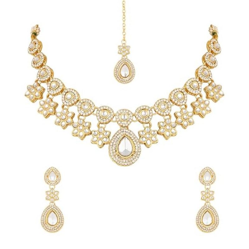 Etnico Gold Plated Traditional Kundan Stone Necklace Jewellery With Earring & Maang Tikka Set for Women (IJ378) (White)