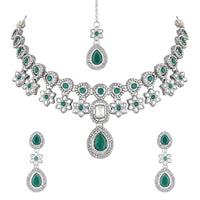 Etnico Silver Plated Traditional Kundan Stone Choker Necklace With Earring & Maang Tikka Set For Women (IJ378ZG)