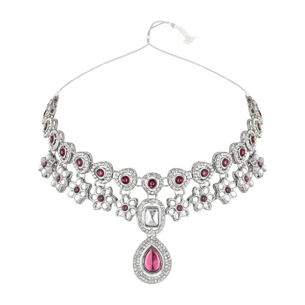 Etnico Silver Plated Traditional Kundan Stone Choker Necklace With Earring & Maang Tikka Set For Women (IJ378ZPu)
