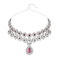 Etnico Silver Plated Traditional Kundan Stone Choker Necklace With Earring & Maang Tikka Set For Women (IJ378ZPu)