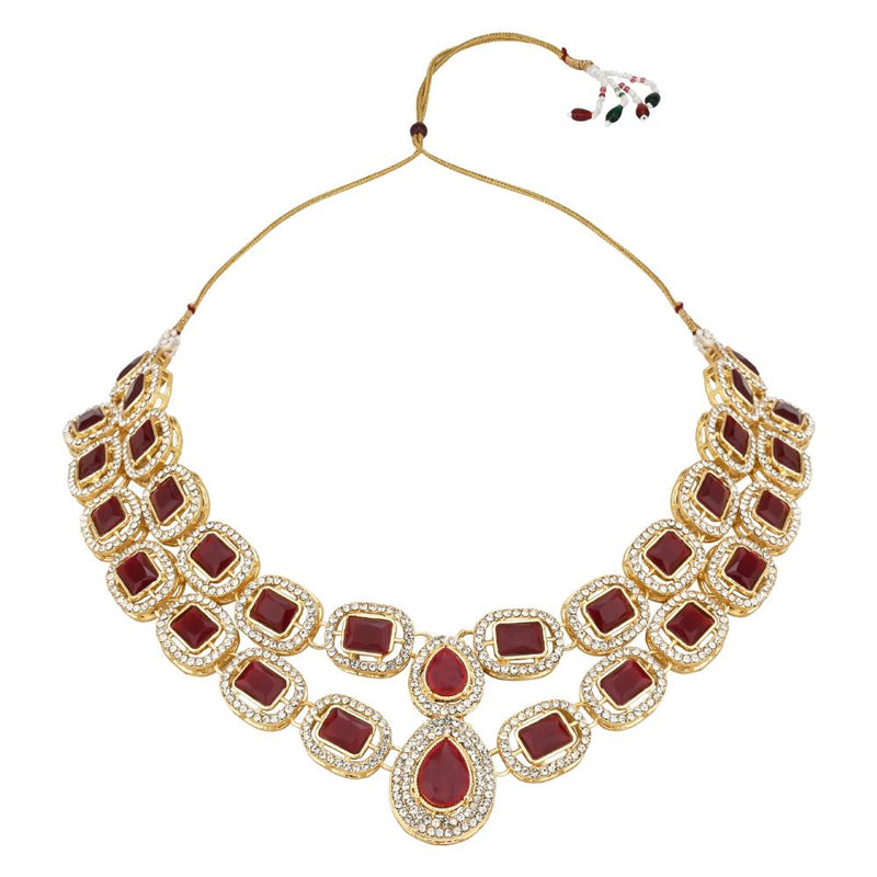 Etnico Gold Plated Traditional Stone Choker Necklace Jewellery With Earring & Maang Tikka Set For Women And Girls (Maroon)