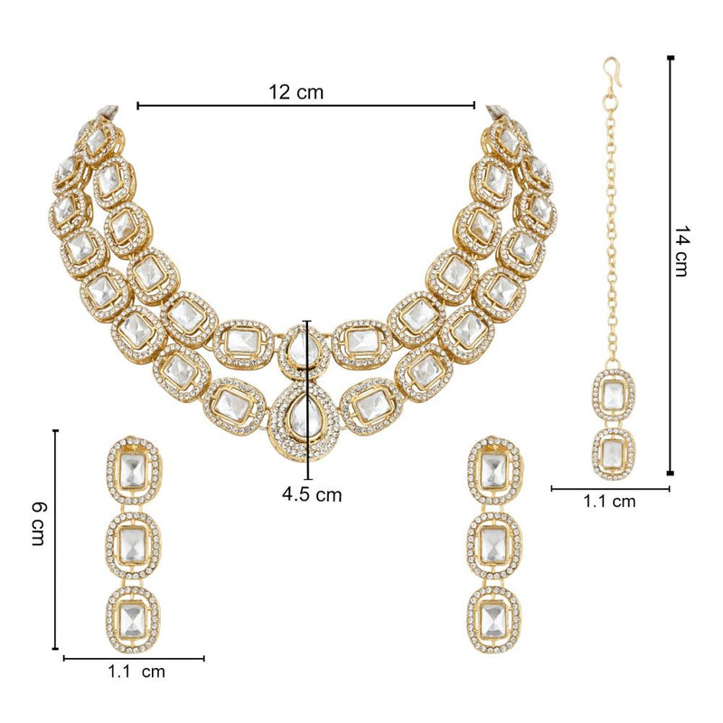 Etnico Gold Plated Traditional Stone Choker Necklace Jewellery With Earring & Maang Tikka Set For Women And Girls (White)