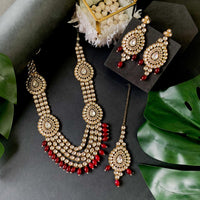 Etnico Gold Plated Traditional Multi Layered Kundan Pearl Bridal Necklace Jewellery with Earrings & Maang Tikka Set For Women/Girls (IJ384) (Maroon)