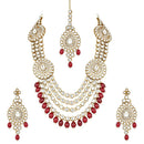 Etnico Gold Plated Traditional Multi Layered Kundan Pearl Bridal Necklace Jewellery with Earrings & Maang Tikka Set For Women/Girls (IJ384) (Maroon)
