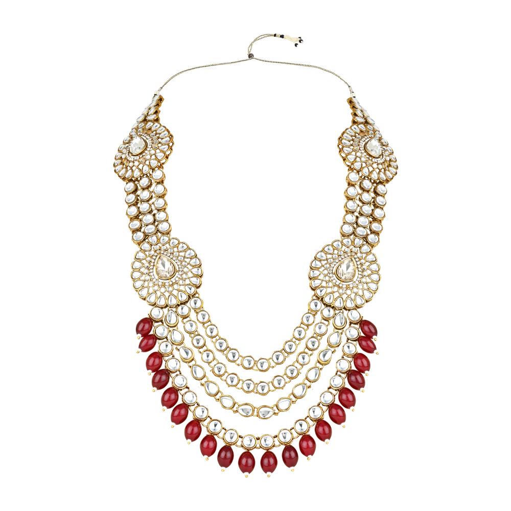 Etnico Gold Plated Traditional Multi Layered Kundan Pearl Bridal Necklace Jewellery with Earrings & Maang Tikka Set For Women/Girls (IJ384) (Maroon)