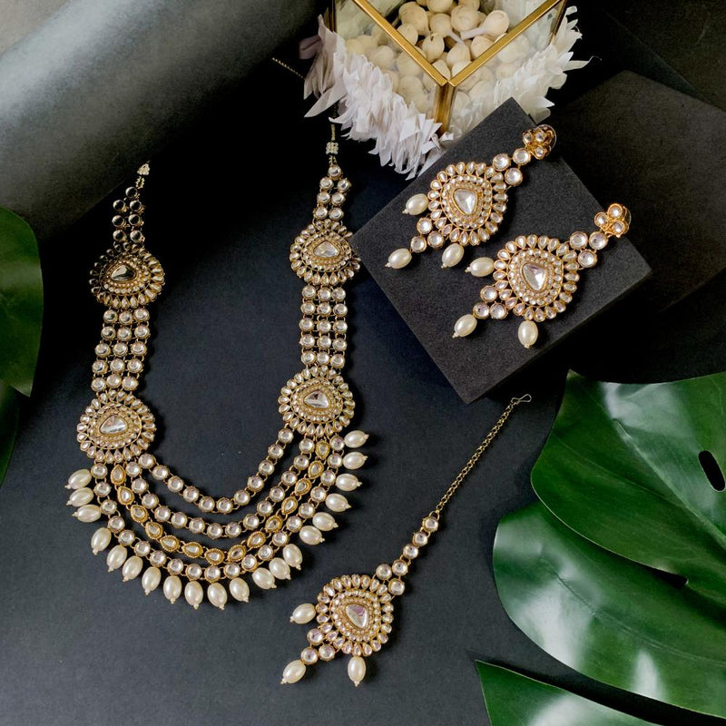 Etnico Gold Plated Traditional Multi Layered Pearl Kundan Bridal Necklace Jewellery with Dangle Earrings & Maang Tikka Set For Women/Girls (IJ386W)