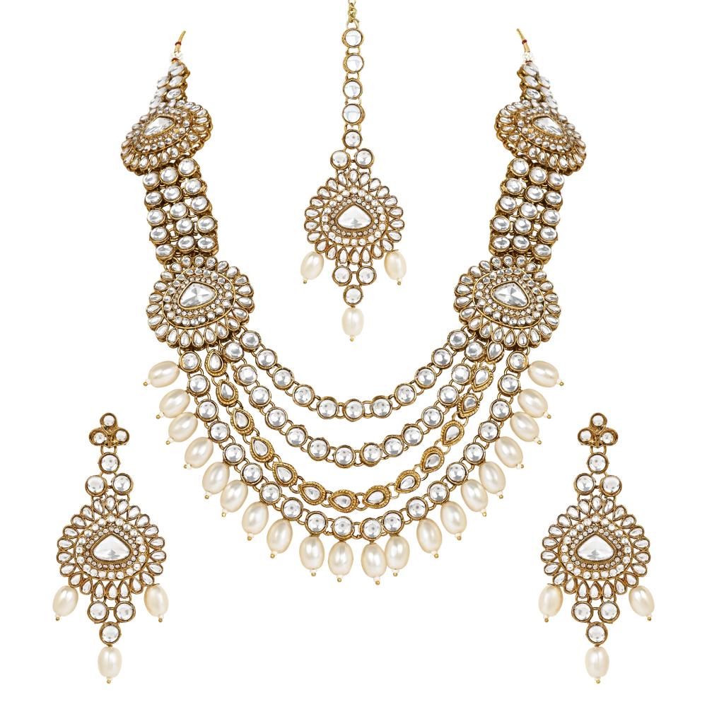 Etnico Gold Plated Traditional Multi Layered Pearl Kundan Bridal Necklace Jewellery with Dangle Earrings & Maang Tikka Set For Women/Girls (IJ386W)