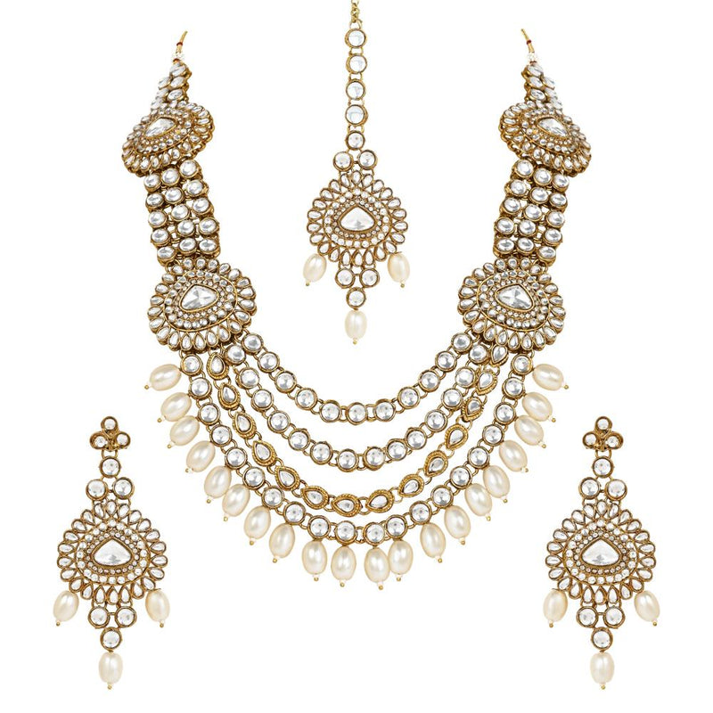 Etnico Gold Plated Traditional Multi Layered Pearl Kundan Bridal Necklace Jewellery with Dangle Earrings & Maang Tikka Set For Women/Girls (IJ386W)