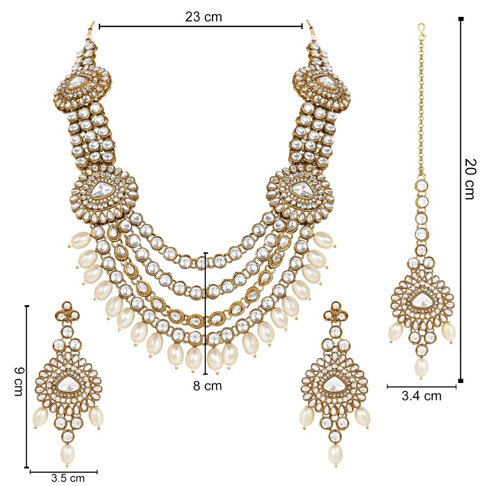 Etnico Gold Plated Traditional Multi Layered Pearl Kundan Bridal Necklace Jewellery with Dangle Earrings & Maang Tikka Set For Women/Girls (IJ386W)