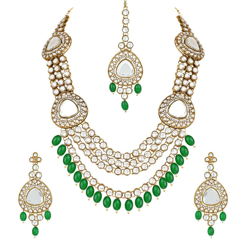 Etnico Gold Plated Traditional Multi Layered Pearl Kundan Bridal Necklace Jewellery with Dangle Earrings & Maang Tikka Set For Women/Girls (IJ387) (Green)