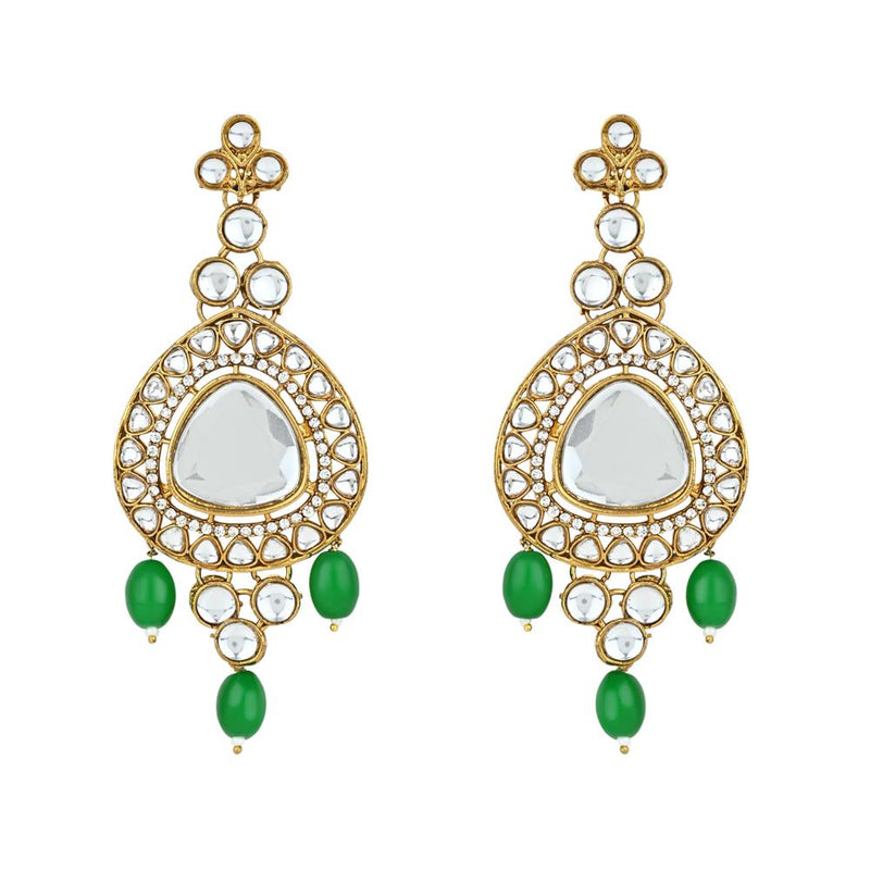 Etnico Gold Plated Traditional Multi Layered Pearl Kundan Bridal Necklace Jewellery with Dangle Earrings & Maang Tikka Set For Women/Girls (IJ387) (Green)