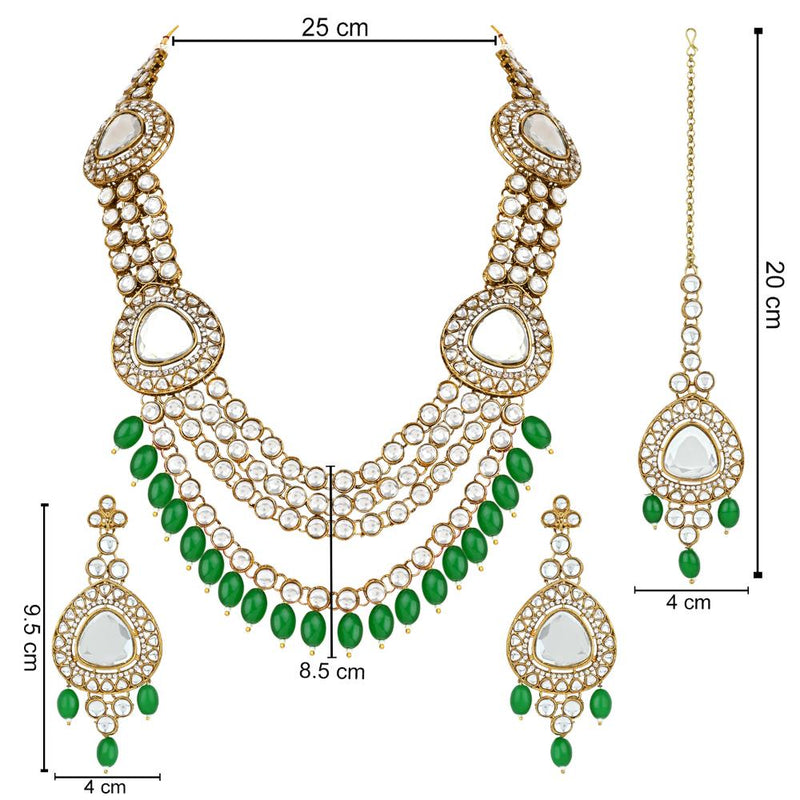 Etnico Gold Plated Traditional Multi Layered Pearl Kundan Bridal Necklace Jewellery with Dangle Earrings & Maang Tikka Set For Women/Girls (IJ387) (Green)