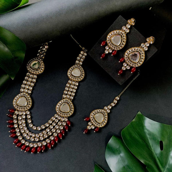 Etnico Gold Plated Traditional Multi Layered Pearl Kundan Bridal Necklace Jewellery with Dangle Earrings & Maang Tikka Set For Women/Girls (IJ387) (Maroon)