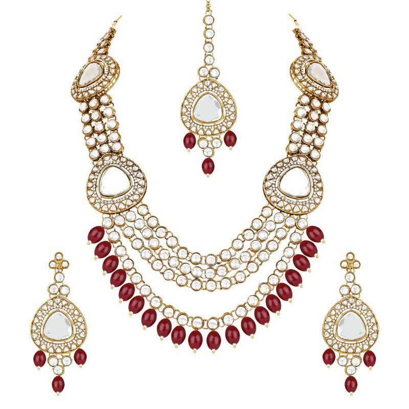 Etnico Gold Plated Traditional Multi Layered Pearl Kundan Bridal Necklace Jewellery with Dangle Earrings & Maang Tikka Set For Women/Girls (IJ387) (Maroon)