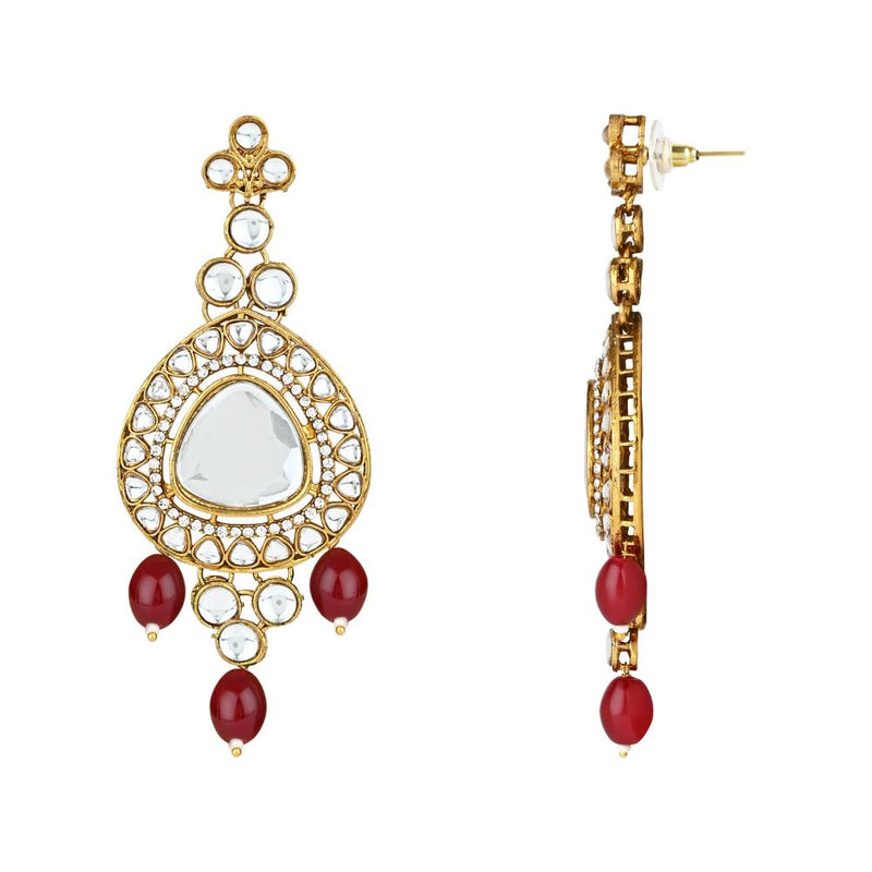 Etnico Gold Plated Traditional Multi Layered Pearl Kundan Bridal Necklace Jewellery with Dangle Earrings & Maang Tikka Set For Women/Girls (IJ387) (Maroon)