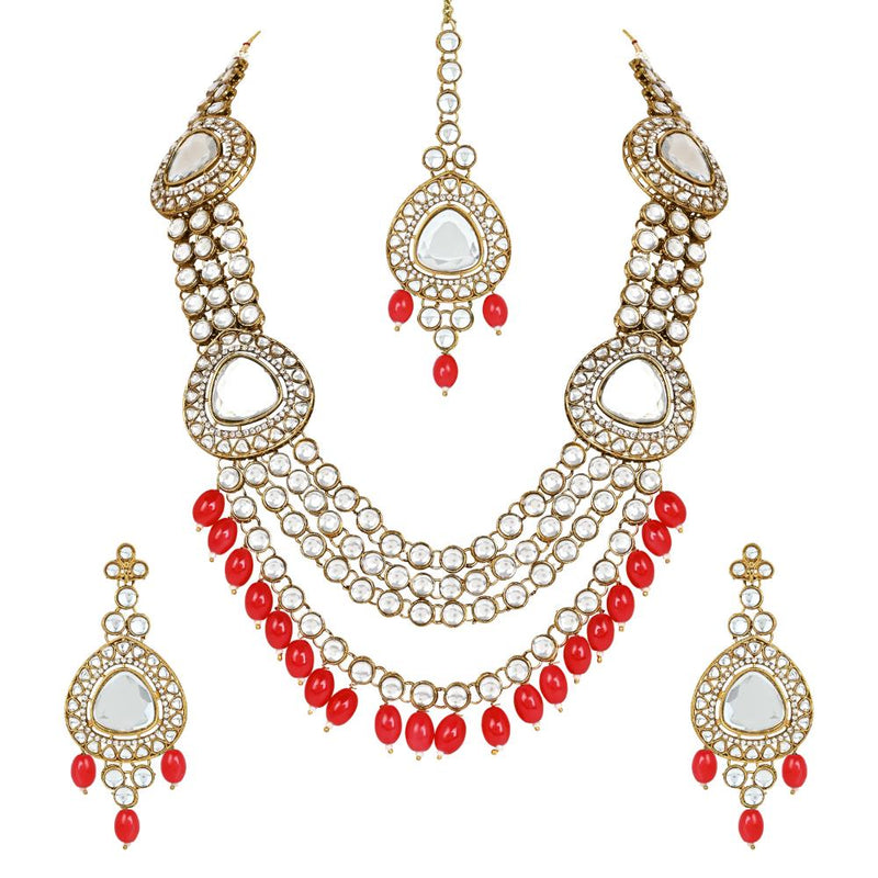 Etnico Gold Plated Traditional Multi Layered Pearl Kundan Bridal Necklace Jewellery with Dangle Earrings & Maang Tikka Set For Women/Girls (IJ387R)
