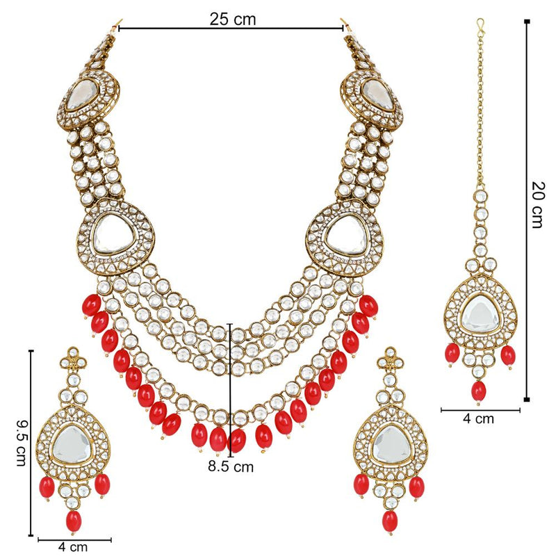 Etnico Gold Plated Traditional Multi Layered Pearl Kundan Bridal Necklace Jewellery with Dangle Earrings & Maang Tikka Set For Women/Girls (IJ387R)
