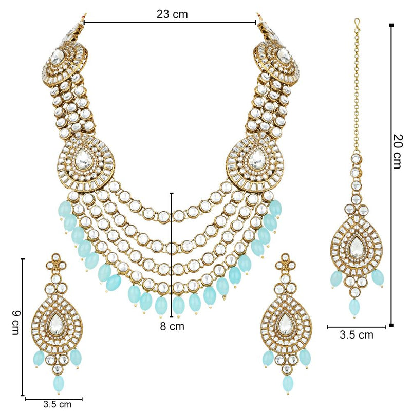 Etnico Gold Plated Traditional Multi Layered Pearl Kundan Bridal Necklace Jewellery with Dangle Earrings & Maang Tikka Set For Women/Girls (IJ388Sb)