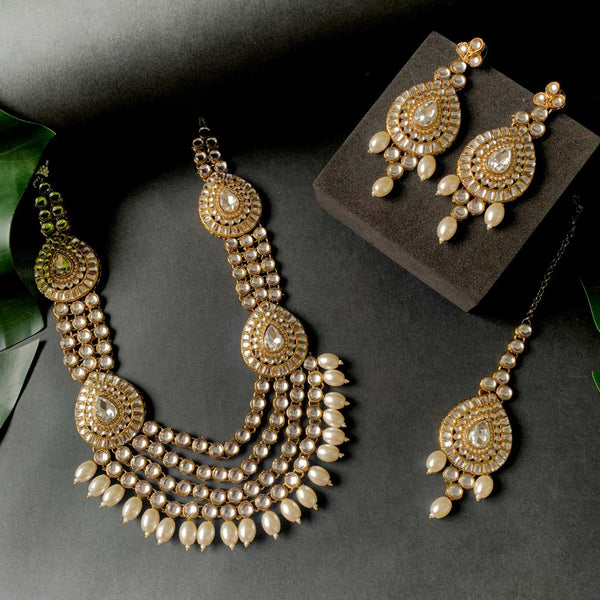 Etnico Gold Plated Traditional Multi Layered Pearl Kundan Bridal Necklace Jewellery with Dangle Earrings & Maang Tikka Set For Women/Girls (IJ388W)