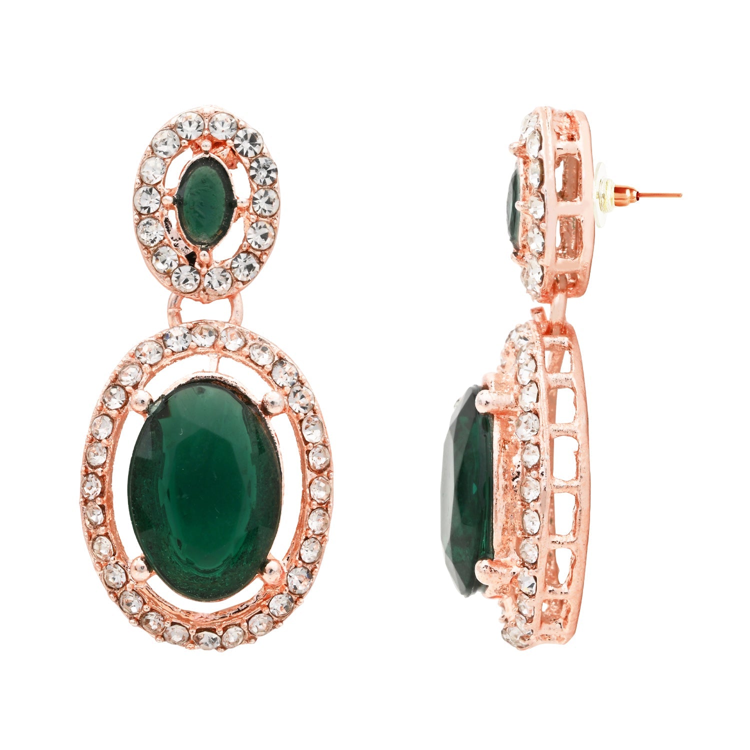 Etnico Rose Gold Plated Stylish Design Crystal Diamond Necklace & Earrings Jewellery Set for Women (Green)