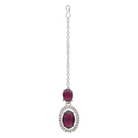 Etnico Silver Plated Stylish Design Crystal Diamond Necklace With Earrings & Maang Tikka Jewellery Set for Women (Silver Wine)