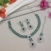 Etnico Silver Plated Stylish Design Crystal Diamond Necklace With Earrings & Maang Tikka Jewellery Set for Women (IJ402ZG)