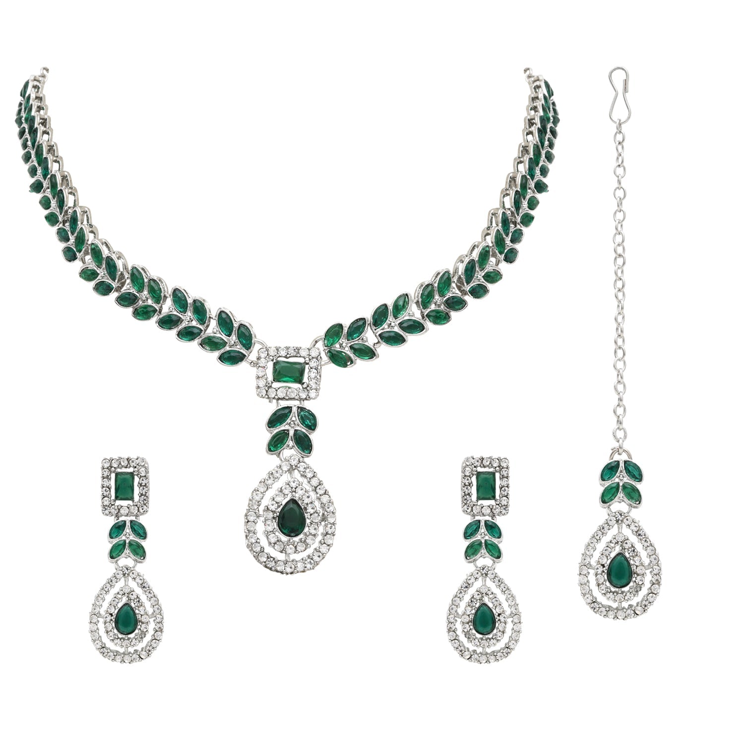 Etnico Silver Plated Stylish Design Crystal Diamond Necklace With Earrings & Maang Tikka Jewellery Set for Women (IJ402ZG)