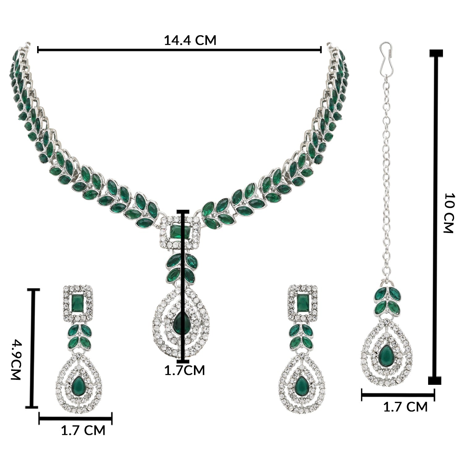 Etnico Silver Plated Stylish Design Crystal Diamond Necklace With Earrings & Maang Tikka Jewellery Set for Women (IJ402ZG)
