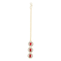 Etnico Gold Plated Stylish Design Crystal Diamond Multi Layer Necklace With Earrings & Maang Tikka Jewellery Set for Women (IJ403Q)