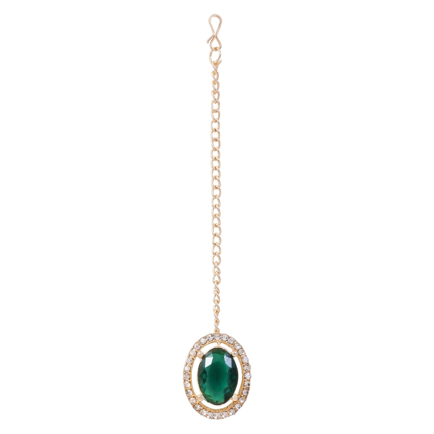 Etnico Gold Plated Stylish Design Crystal Diamond Oval Shape Necklace With Earrings & Maang Tikka Jewellery Set for Women (IJ405M)